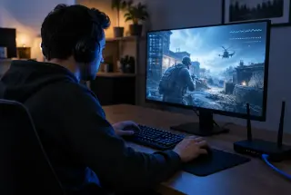 Joueur concentré devant un ordinateur avec un routeur et un câble Ethernet visibles sur le bureau, illustrant les problèmes de qualité de connexion en ligne.