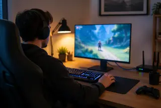 Joueur concentré devant un ordinateur, avec un routeur Wi-Fi et un câble Ethernet visibles sur le bureau.